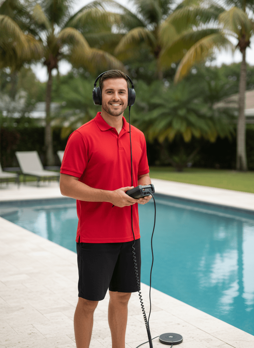 Pool technician performing electronic leak detection beside a South Florida pool