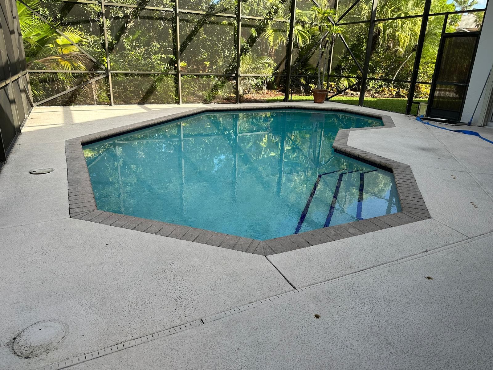 Screened octagonal pool before remodeling, with dark reddish brick coping, dull green-tinted water and plain broom-finish concrete deck