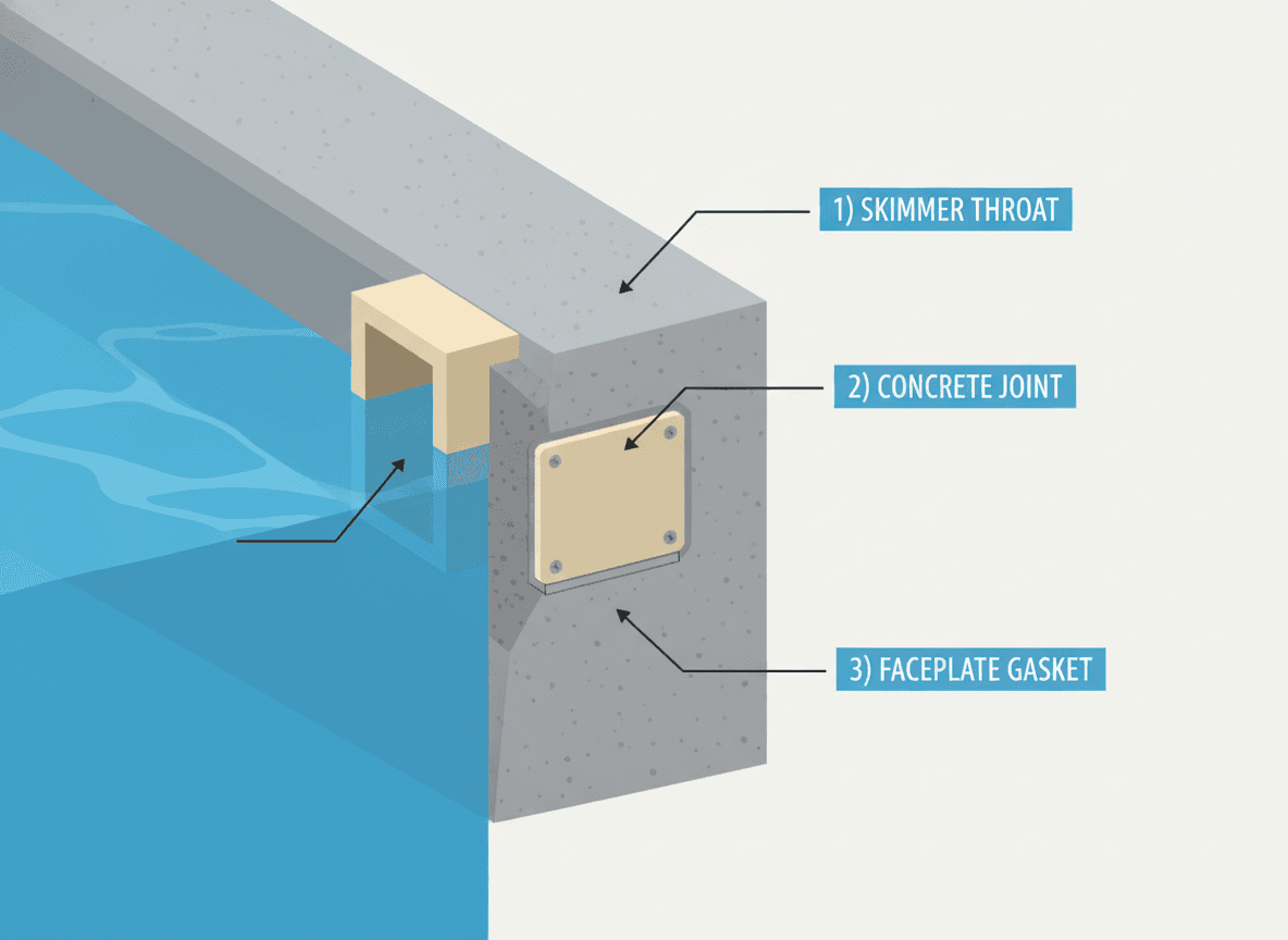 Diagram of where pool skimmer leaks form: skimmer throat, concrete joint, and faceplate gasket