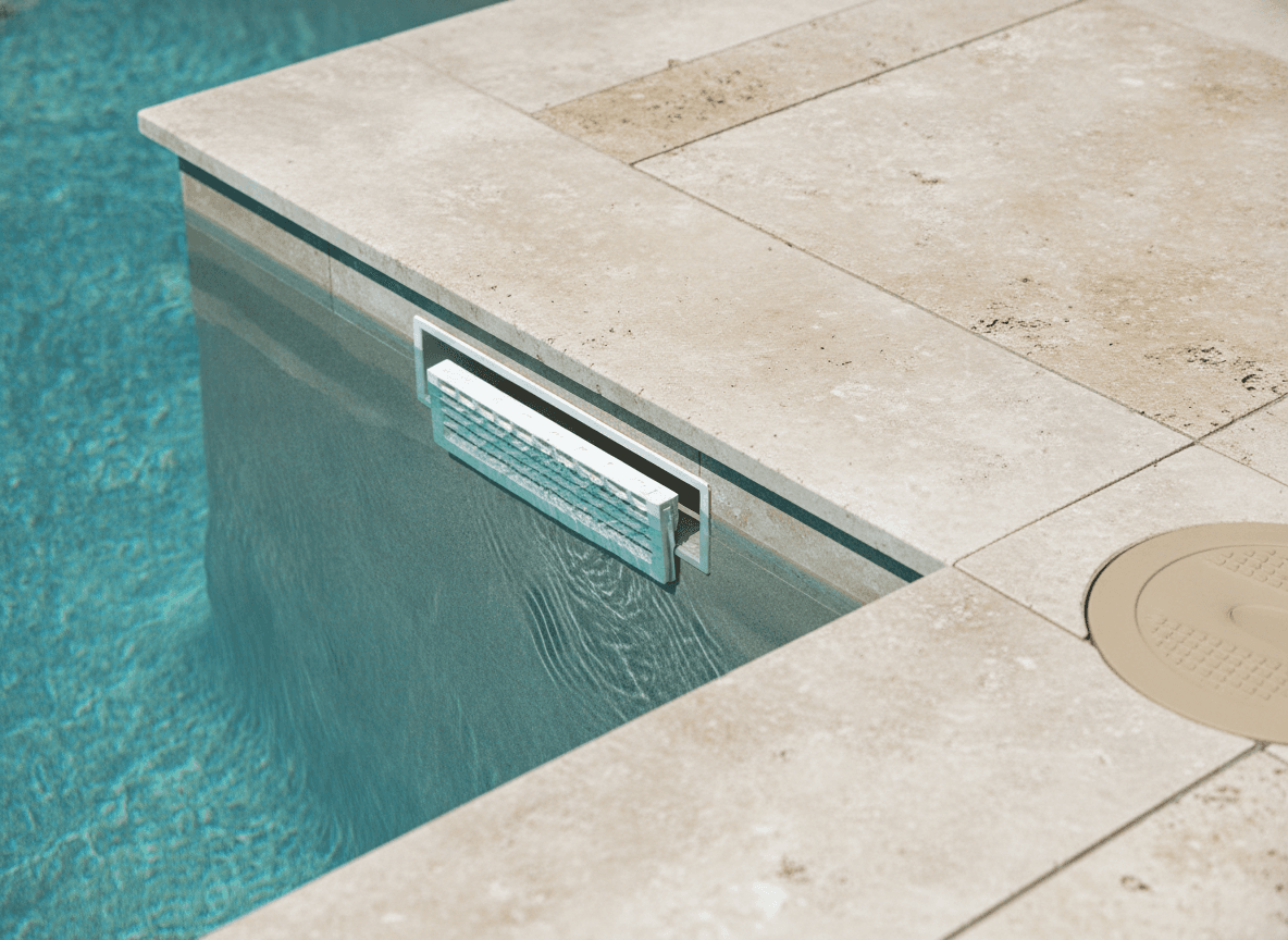 Residential pool skimmer at the waterline, the most common pool leak location